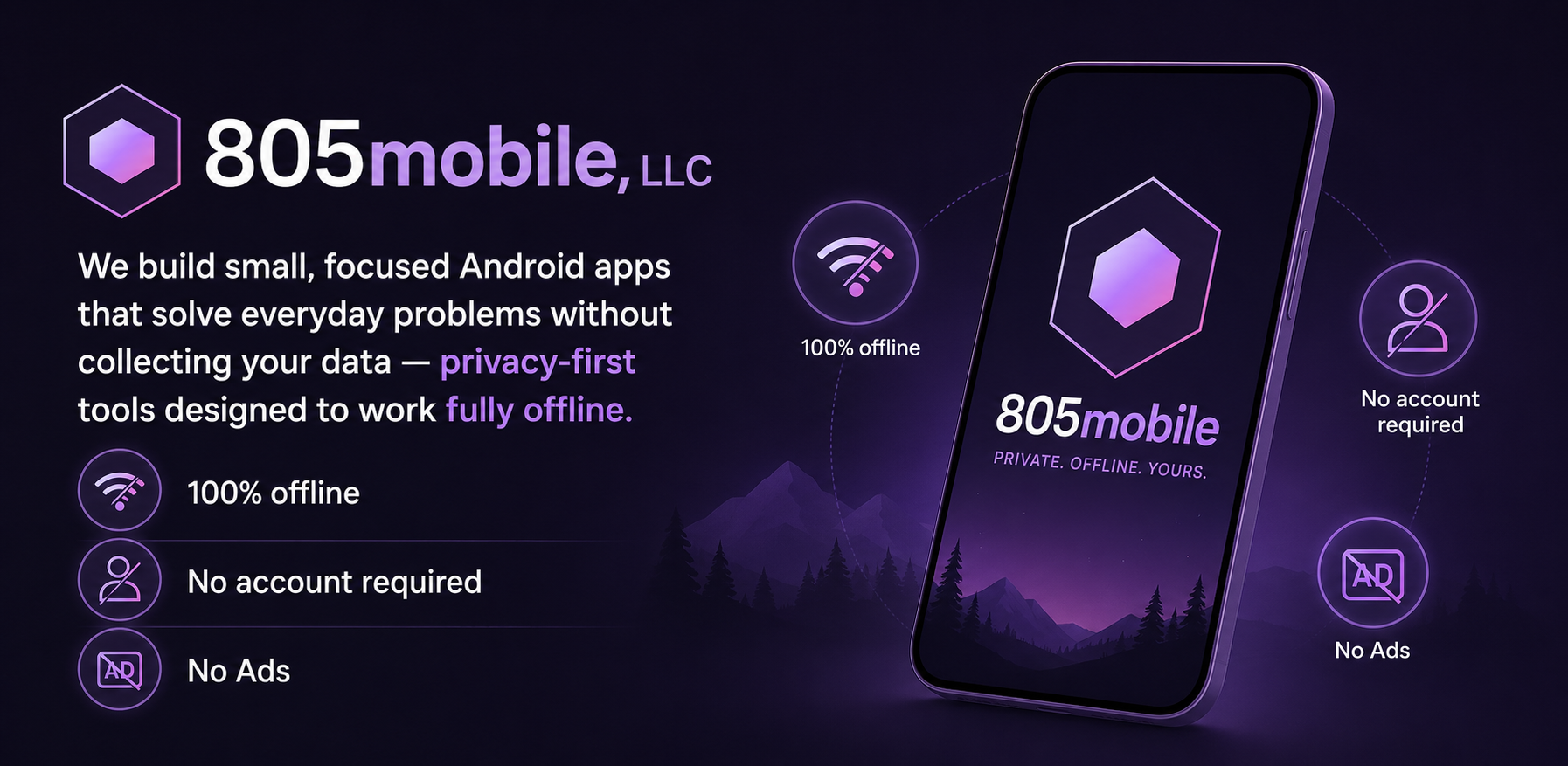 805 Mobile feature graphic — privacy-first Android apps