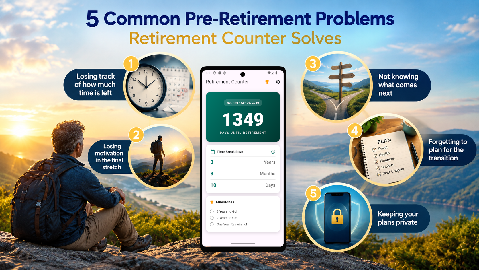 Retirement Counter app showing a retirement countdown, illustrating common pre-retirement problems