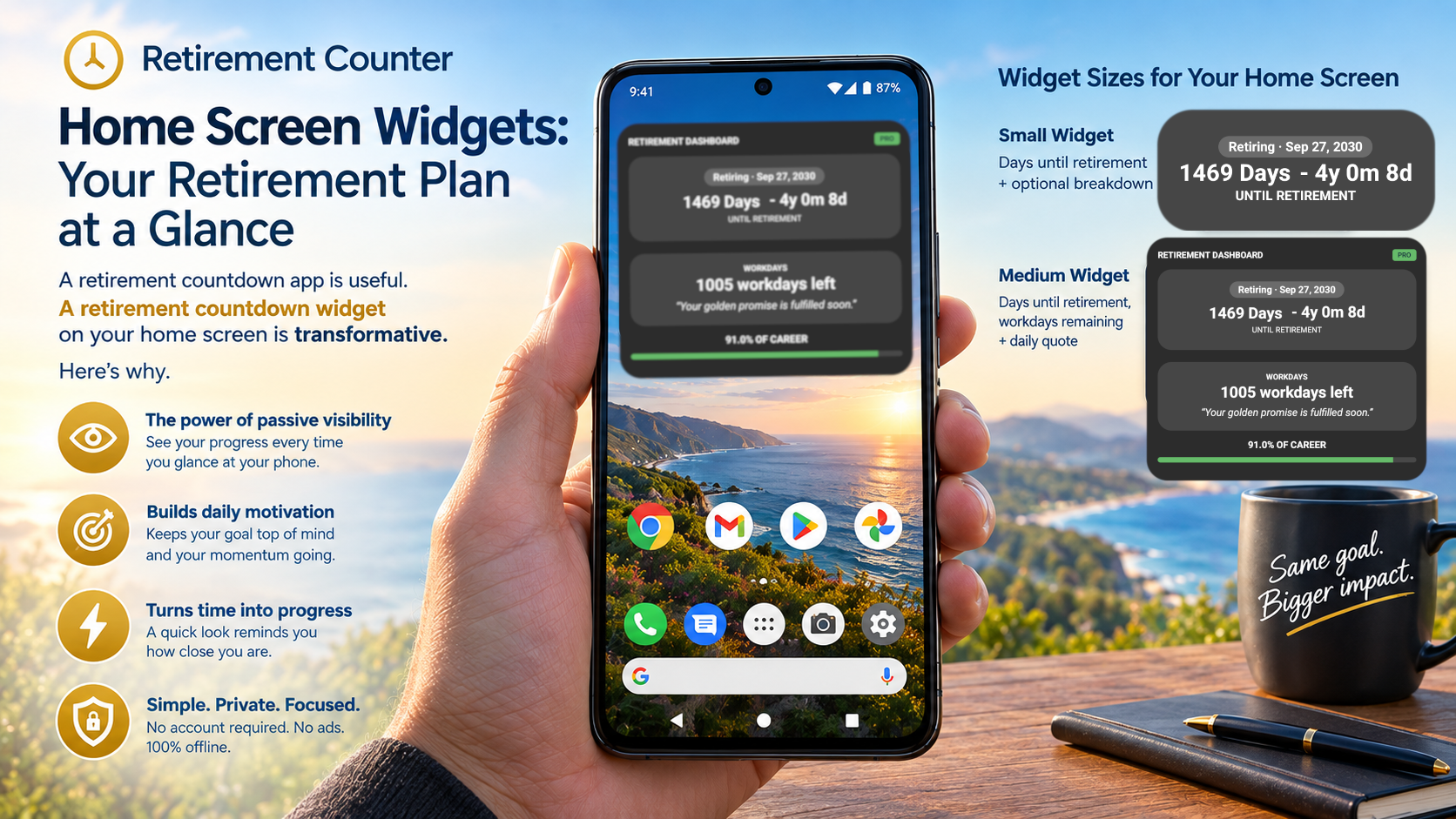 Retirement Counter app home screen widget showing the retirement countdown at a glance