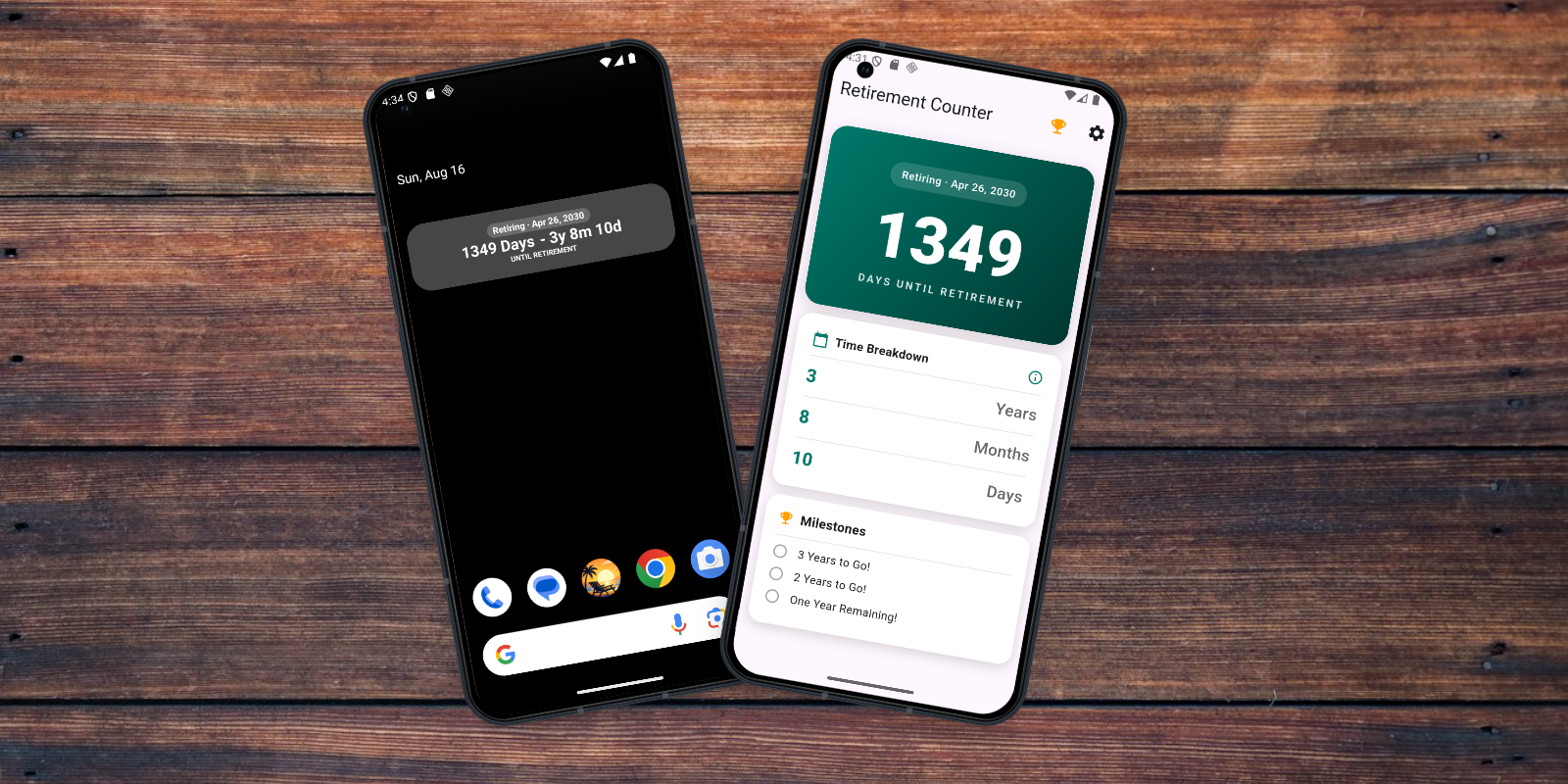 Retirement Counter app showing the countdown display alongside its home screen widget