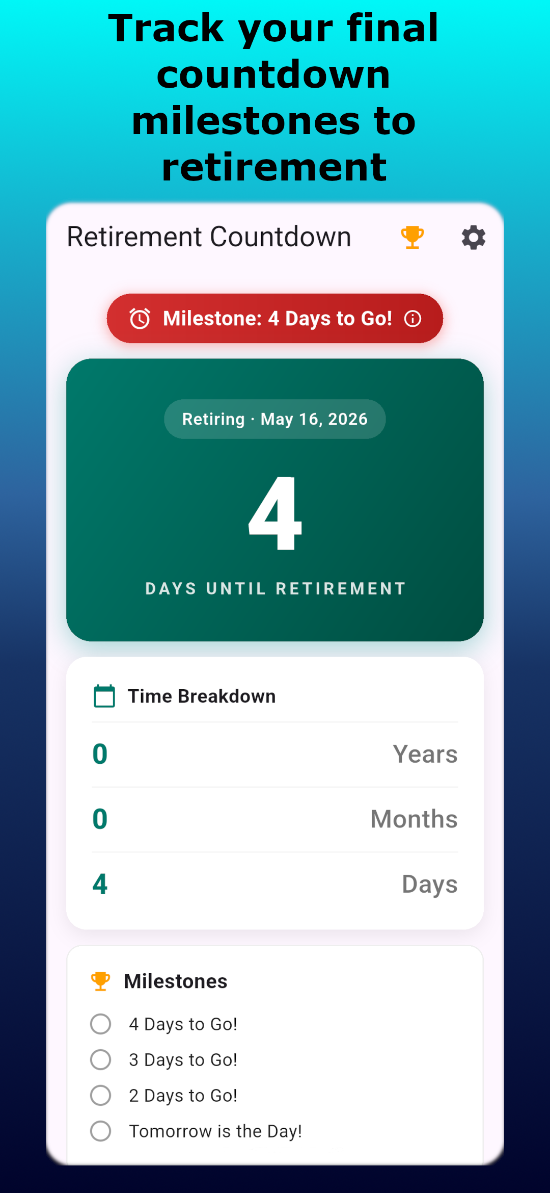 Retirement Counter app screenshot 7 of 10